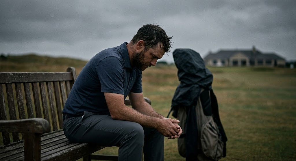 Competitive golfer sitting alone in reflection, representing mental health in golf and the person behind the player.