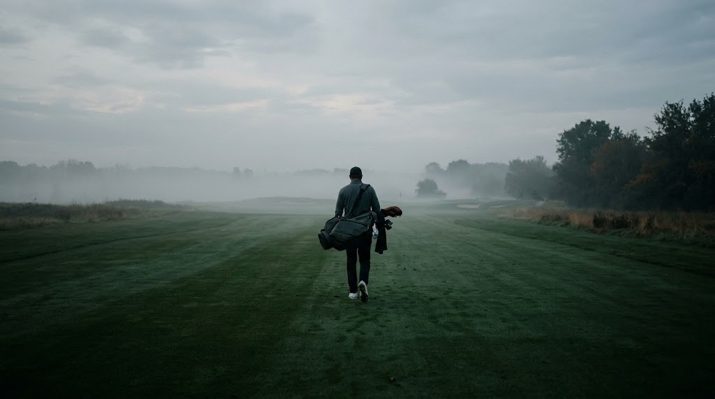 A lone golfer carrying a tour bag walks down a misty fairway, representing the psychological isolation of competitive golf.