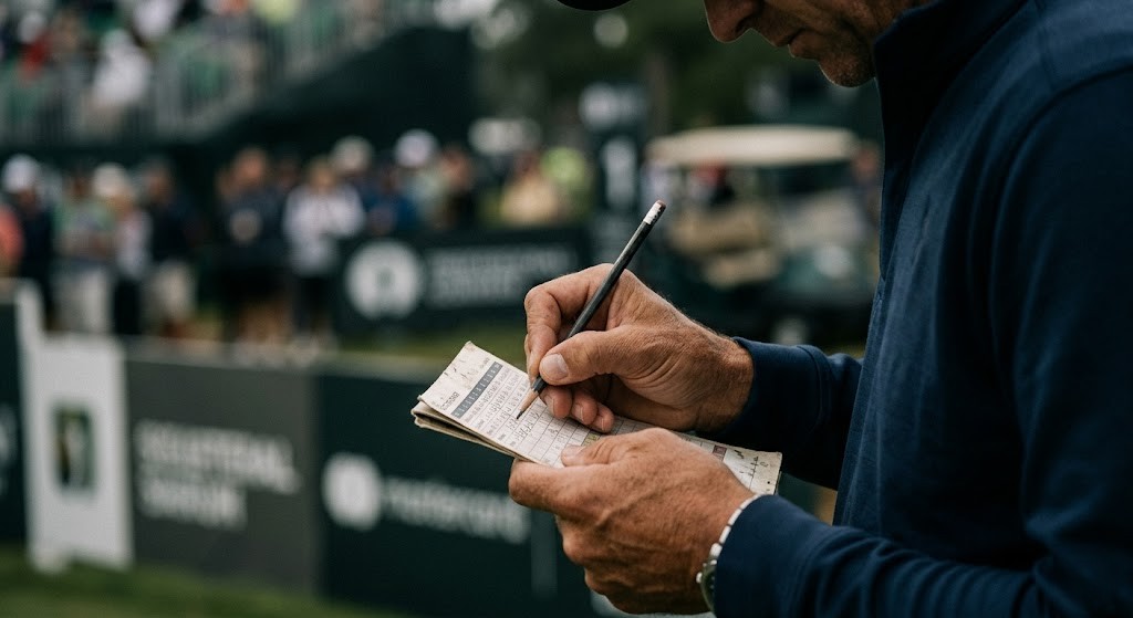 Golfer holding a scorecard while reflecting on pressure, identity and mental health in competitive golf.