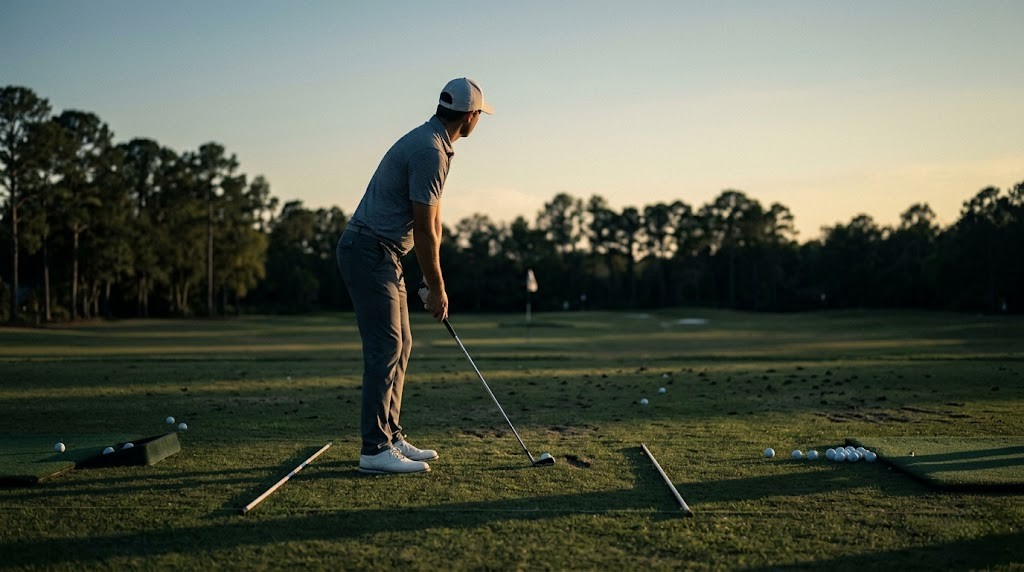 An elite golfer visualises a shot on the practice range, conditioning their competitive golf mindset and mental performance habits.