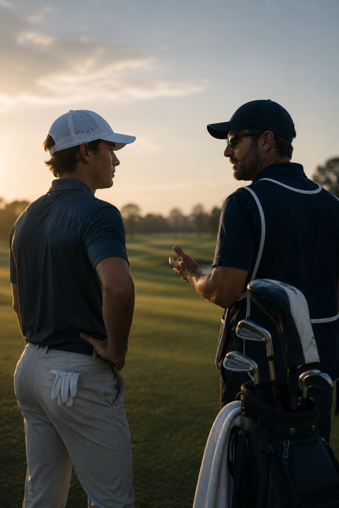 A golfer and coach in conversation on the practice ground, representing support, awareness, and mental health literacy in golf.